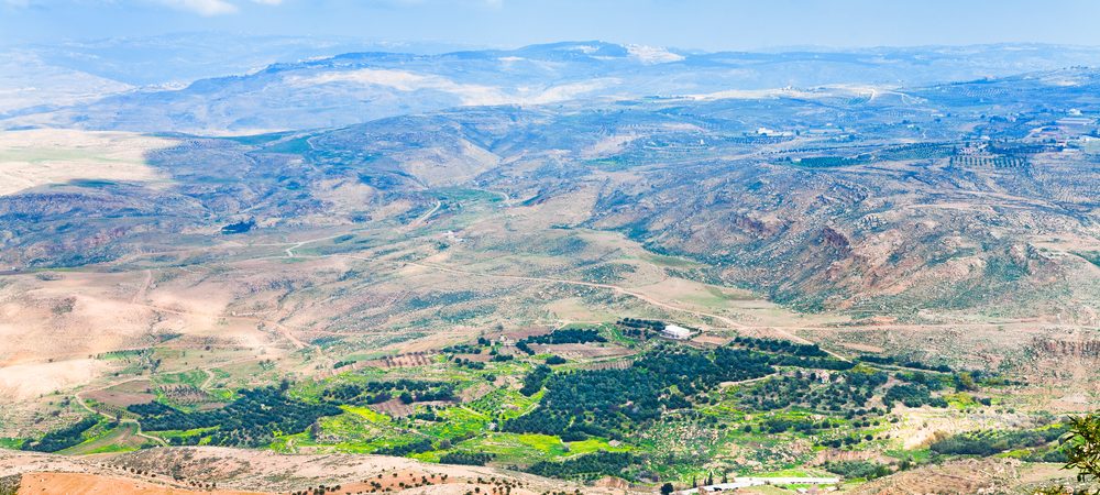 panoramic shot of an oasis in a desert valley